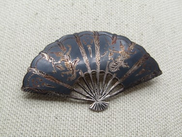 Vintage Sterling Enameled Siam Fan Brooch, Goddess Design, 1940's-1950's