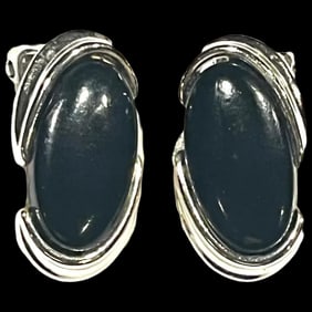 Vintage Black Thermoset Moonglow Lucite Silver Clip Earrings