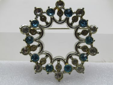 Vintage Aqua & Clear Rhinestone Circle Brooch,  1950's-1960'