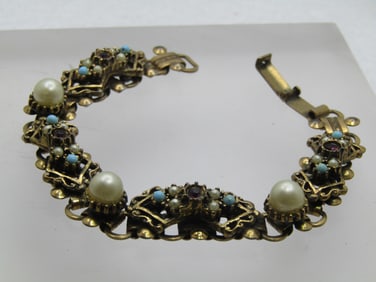 Vintage Rhinestone & Faux Pearl Bracelet, 7", 1940's-1950's