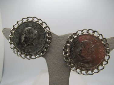 Vintage Mexican Cinco Centavos Coin Earrings, Clip, 1954 Coin Year
