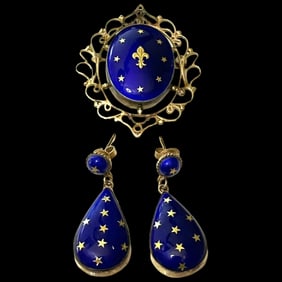 Antique French 14k Gold Blue Celestial Enamel Earrings and Fleur Di Lis Pendant/Brooch Set