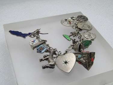 Vintage Sterling Charm Bracelet, 7", 17 Charms, 1960's-1970's
