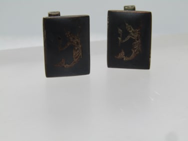 Vintage Enameled Siam Goddess Cufflinks, Mid-Century, Signed, 1940's-1950's