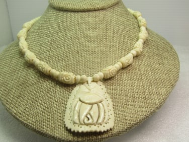 Vintage Carved Bone Beaded necklace, Drop Pendant, 1960's-1970's