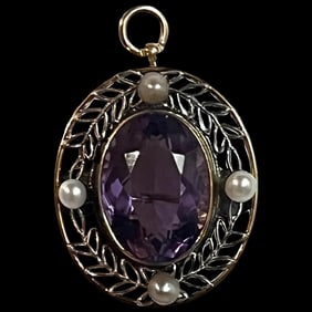 Vintage 14k Two Tone White and Yellow Gold Pendant/ Brooch with Amethyst and Seed Pearls