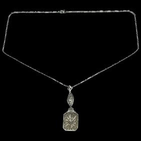 Vintage 14k White Gold Filigree Diamond and Natural Rock Crystal Quartz Necklace