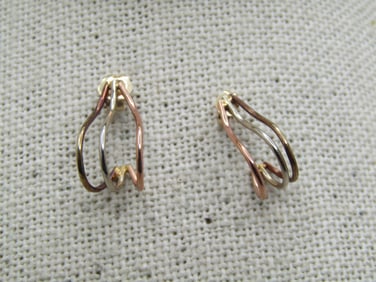 Vintage 14kt Curved Drop Earrings, Pierced, Tri-Color, Signed, 1980's-1990's