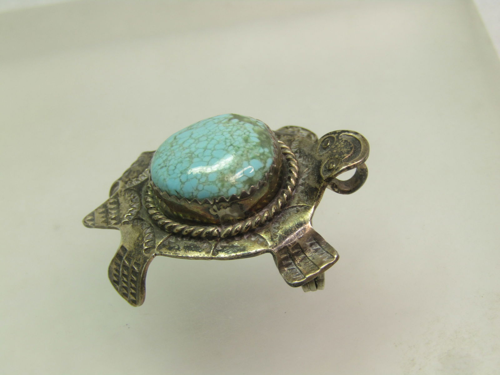 Vintage Sterling Turquoise Turtle Pendant/Brooch, Navajo, Signed AJC, 1980's (1 of 6)