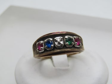 Vintage 10kt Mother's Ring, Sz. 8.25, Mixed Gemstones, Signed DC, 1960's-1970's