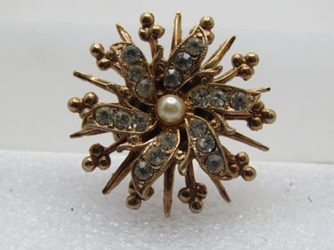 Vintage Tiered Rhinestone Blossom Brooch, Faux Pearl, 1950's-1960's