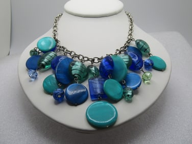 Vintage Teal & Blue Glass Bib Necklace, 20*', 1980's-1990's