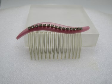 Vintage Pink Plastic & Rhinestone Hair Comb, 1950's-1960's