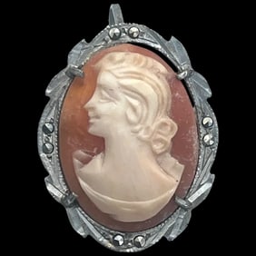 Vintage Silver and Marcasite Shell Cameo Pendant/Brooch