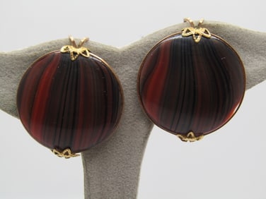 Vintage Earthtone Curved Striped Slide Earrings., 1950's-1960's