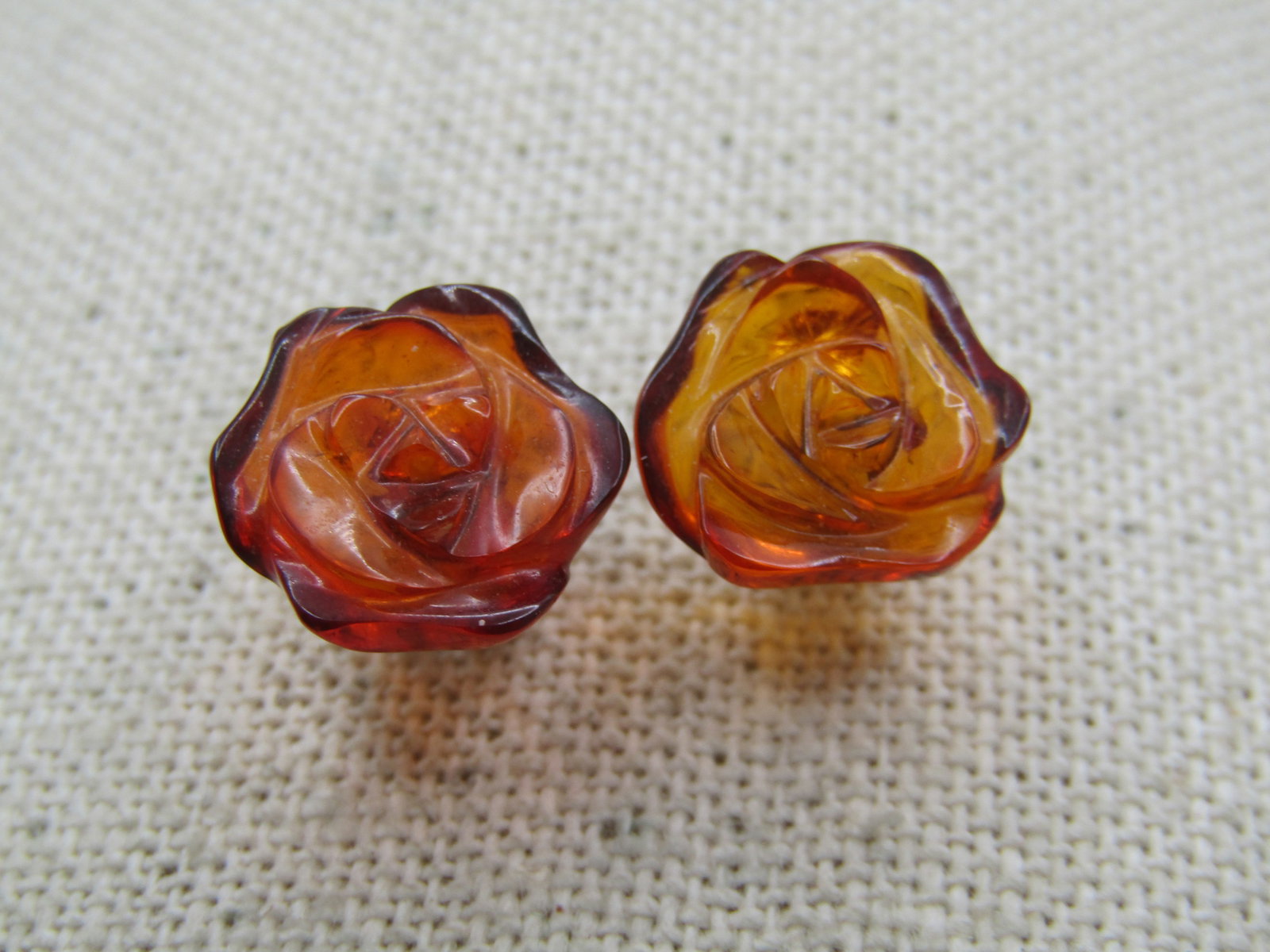 Vintage Baltic Amber Rose Earrings, Pierced, 14kt G.F., 1980's: Vintage Baltic Amber Rose Earrings, Pierced, 14kt G.F., 1980's-1990's. These are carved amber roses - pass the static test for being amber and not resin - they were sold as Baltic amber as wel. The on