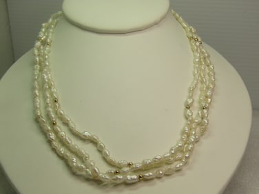 Vintage 14kt Freshwater Pearl Necklace, Triple Strand, 17", 1980's