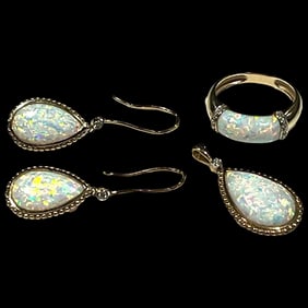 Estate 10k Gold Opal and Diamond Earrings, Pendant, and Ring Set
