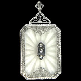Vintage 10k Gold Exquisite Filigree Pendant with Diamond and Etched Crystal Cut Background