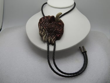 Vintage Carved Buffalo Bolo Tie, 36", Mid-Century, Southwestern