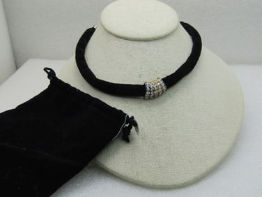 Vintage Black Velvet Rhinestone Slide, Channel Set Choker, Necklace, 16"