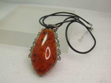Vintage Sterling Baltic Amber Pendant/Necklace, 26", 1970's-1980's