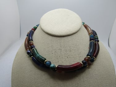 Vintage Faux Agate Necklace, Double Strand, 24", 1970's-1980's