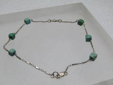 Vintage Sterling Turquoise Rhinestone Ankle Bracelet, 9.25", 1980's-1990's