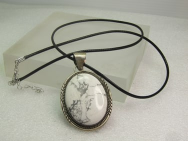 Vintage Sterling Southwestern White Buffalo or Melinite Pendant/Necklace 24", 1970's-1980's Signed H