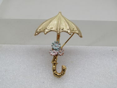 Vintage Umbrella & Enameled Floral Brooch,  1960's-1970's, Signed