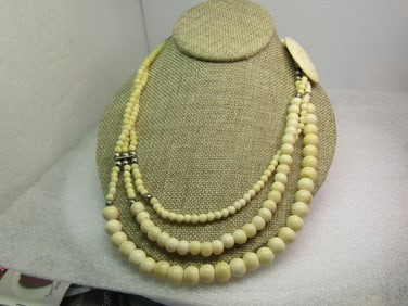 Vintage Carved Elephant Bone Necklace, Triple Strand, 23", 1970's-1980's