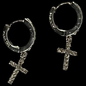 Estate Sterling Silver Small Cross Dangle Huggie Hoop Earring
