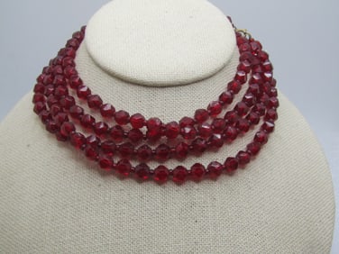 Vintage Red Glass Necklace, 1940's-1950's, 54"