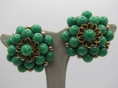 Vintage Green Beaded Earrnigs, Clip, Signed Coro, 1950's-1960's