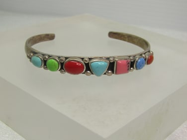 Vintage Sterling Southwestern Cuff Bracelet, 6.5 Faux Turquoise & More, 1980's