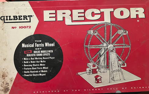 GILBERT ERECTOR SET #10072 – Musical Ferris Wheel: Title: GILBERT ERECTOR SET #10072 – Musical Ferris Wheel Description: The musical ferris wheel edition of one of the most popular building toys of the mid 20th. This erector set comes in its origina