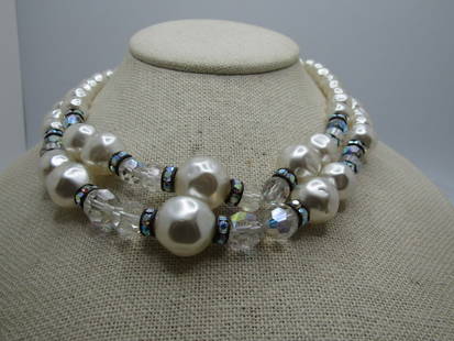 Vintage Double Strand Faux Pearl  & Crystal Beaded Necklace, 17.5": Vintage Double Strand Faux Pearl & Crystal Beaded Necklace, 17.5". Graduated faux baroque pearls that range from 6.5mm to 15mm with aurora borealis rondelles and faceted crystal beads make up this nec