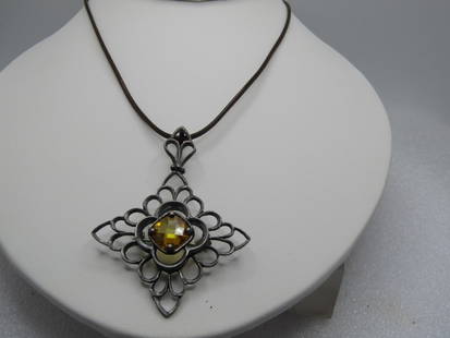 Vintage Sterling Yellow Stone Brooch/Pendant/Necklace, 18"-20", 1990's: Vintage Sterling Yellow Stone Brooch/Pendant/Necklace, 18"-20", 1990's. T his has both a pinband and a bail. It is appx. 1990's but the brown 2mm laminated chain is modern. It has an open design and i