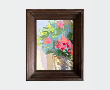 Abstract Oil painting with frame Flowers K. Leonid: 23KK Painter: K. Leonid S&#1110;ze: 32.5x24.5 cm/ 12.79x9.64 inches Components: oil, acrylic, canvas, fiberboard Original painting CONDITION: exellent ERA:2020 ARTIST: Born in the village of Ostrov, w