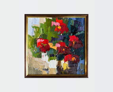 Abstract Oil painting with frame Flowers K. Leonid: 39KK Painter: K. Leonid Size: 25x25 cm/ 9.84x9.84 inches Components: oil, fiberboard Original painting CONDITION: exellent ERA:2022 ARTIST: Born in the village of Ostrov, what a beautiful name, locate