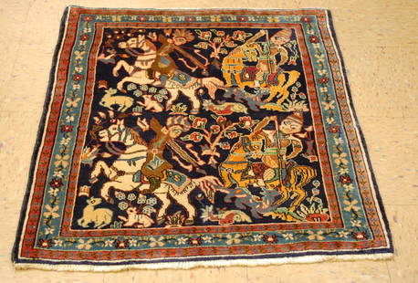 Persain TABRIZ RUG 2.8 x 3.2: Title: Persain TABRIZ RUG 2.8 x 3.2Description:OLD,ANTIQUE FINE KORK WOOL_HIGH KPSI_VILLAGE SCENE HUNTING DESIGN with MAN ON