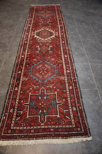 Handwoven Heriz Karadja Runner from Iran – Geometric Village Design: Title: Handwoven Heriz Karadja Runner from Iran &#8211; Geometric Village Design DescriptionHandwoven Heriz Karadja Runner from Iran &#8211; Geometric Village DesignFor sale is a hand-knotted Heriz Ka
