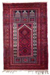 Handmade vintage Afghan Baluch prayer rug 3' x 4.9' (94cm x 152cm) 1940s: Title: Handmade vintage Afghan Baluch prayer rug 3' x 4.9' (94cm x 152cm) 1940s Origin:Afghanistan Dimension: 3' x 4.9' (94cm x 152cm) Materials:wool Year:1940s Description:Handmade vintage Afghan Bal