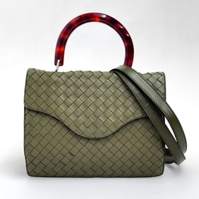 BOTTEGA VENETA Olive Green Woven Bag with Tortoiseshell Handle