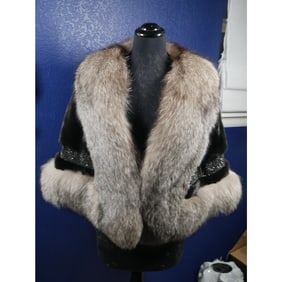 Stunning Black female Mink & Indigo Fox Fur Stole Wrap Cape Coat Jacket