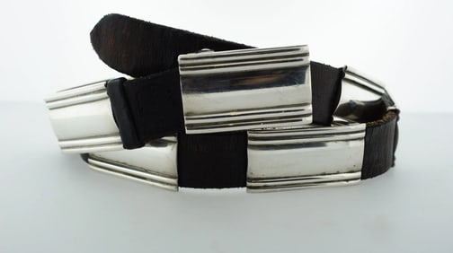 SUPERB STYLISH IMPRESSIVE STERLING SILVER BELT UNISEX C.1950 BROWN LEATHER