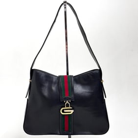 GUCCI Vintage Black Leather Shoulder Bag with Web Band