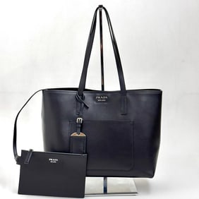 PRADA Black Leather Shopping Tote with Matching Clutch