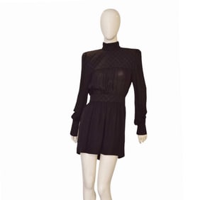 Balmain Black Silk Quilted High Neck Long Sleeve Mini Length Zipper Dress 38