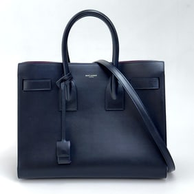 SAINT LAURENT Large Black Leather Sac de Jour with Fuchsia Interior